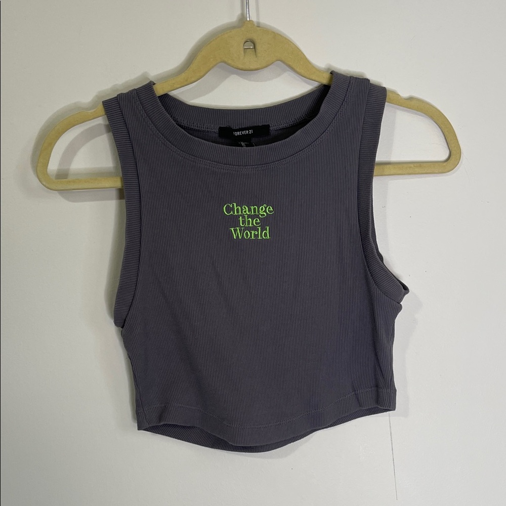 Forever 21 Gray Crop Top with Neon Green Text